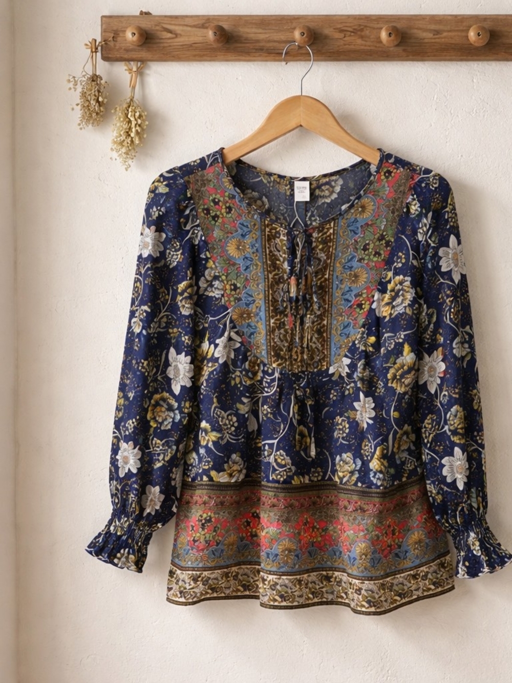 Boho Floral Peasant Blouse - Navy